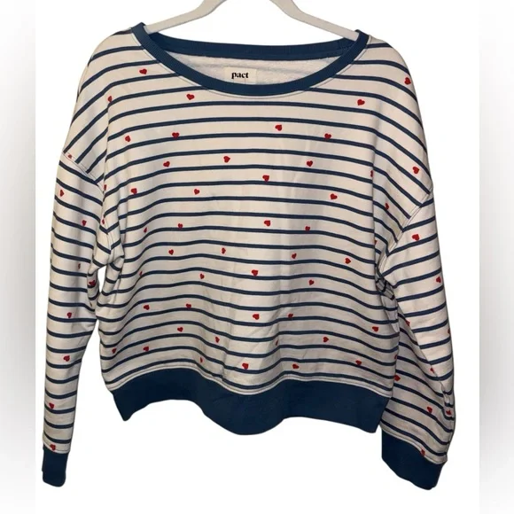 Pact Organic Crewneck Cotton Striped Heart Sweatshirt Blue White Size Large - Picture 2 of 6